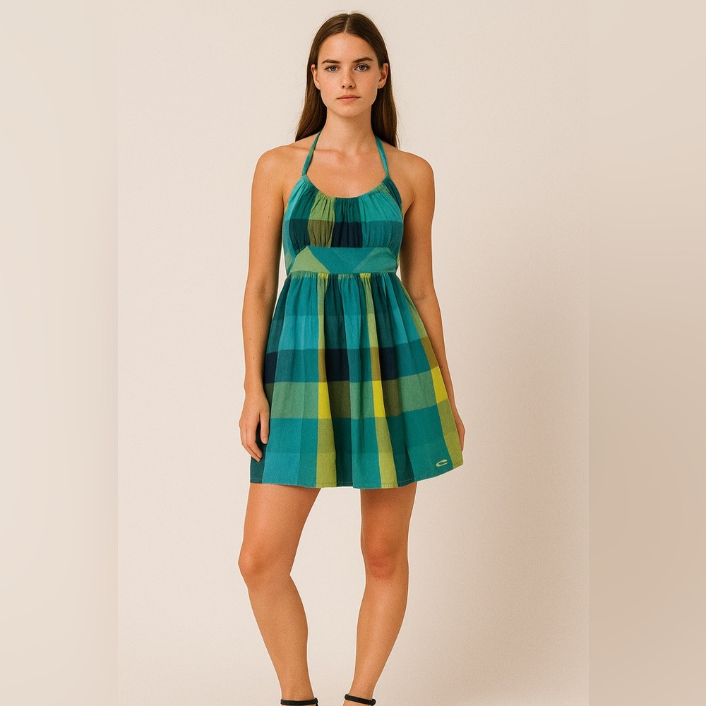 O’Neill Green Blue Plaid Y2K Halter Mini Dress Size M